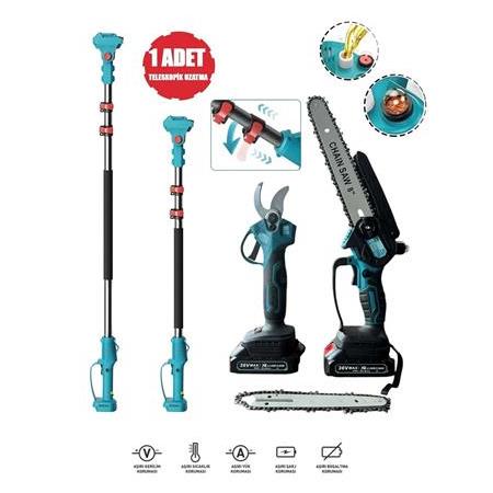 Teleskopik Uzatmalı Çift Akülü 36V 5000 Mah 2.5 Metre Yağlı Budama Testere ve Makas Seti